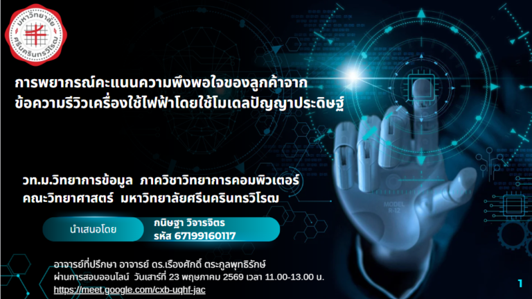 การพยากรณ์คะแนนความพึงพอใจของลูกค้าจาก ข้อความรีวิวเครื่องใช้ไฟฟ้าโดยใช้โมเดลปัญญาประดิษฐ์