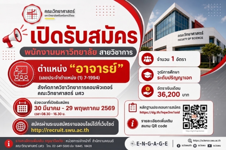 เปิดรับสมัครพนักงานมหาวิทยาลัย สายวิชาการ ตำแหน่ง “อาจารย์” (เลขประจำตำแหน่ง (1) 7-1994)